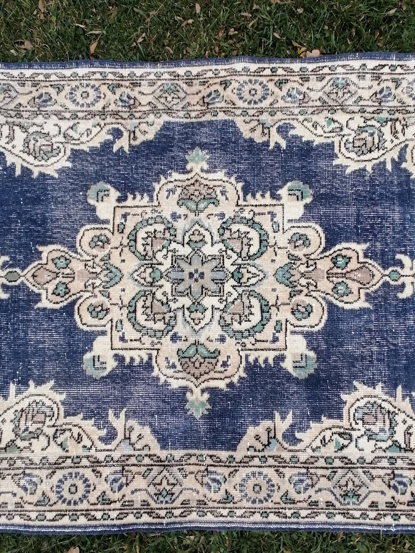 3'10x7 blue rug, turkısh wool rug, oushak vintage rug, kıtchen rug area rug