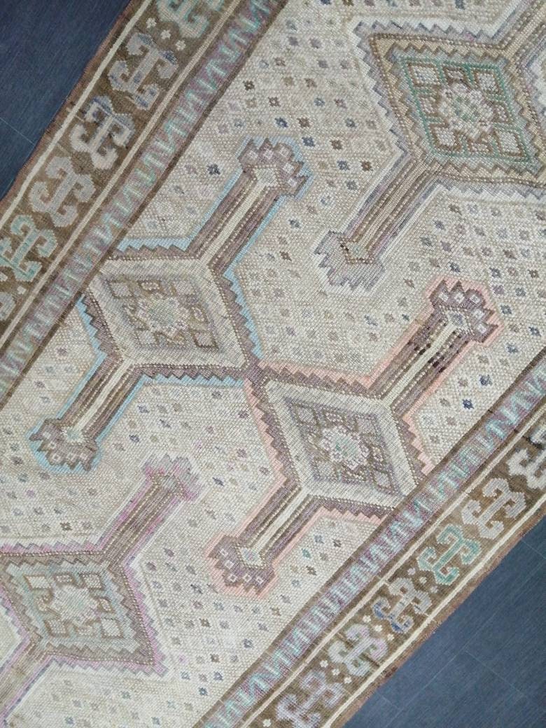 Vintage OUSHAK RUG 4.4 x 11 Vintage Rug Vintage Muted Rug Muted Wool Neutral Rug Hand Made Rugs Vintage Turkish Rug Kars Rug Oriental Rug