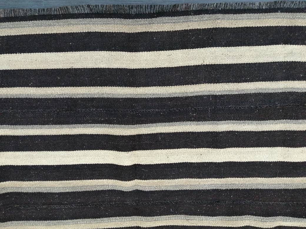 7 x 15.3 Neutral Oriental Flat woven Rug, No Dye Flatweave Carpet , Stripped Flatweaving, Rustic Rug, Farmhouse Rug, Dark Oushak 7x15 rug
