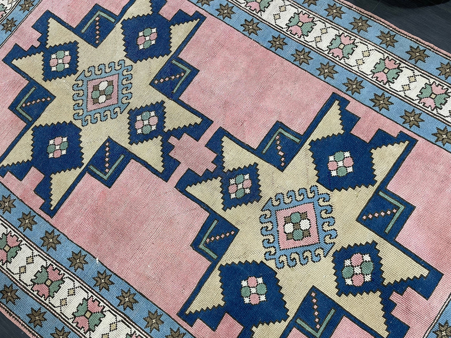 Wool OUSHAK RUG TURKISH 6.6 x 10 Rug Vintage Oriental Rug Vintage Handmade Rug Wool Vintage Pink and Blue Rug Hand Knotted Rug
