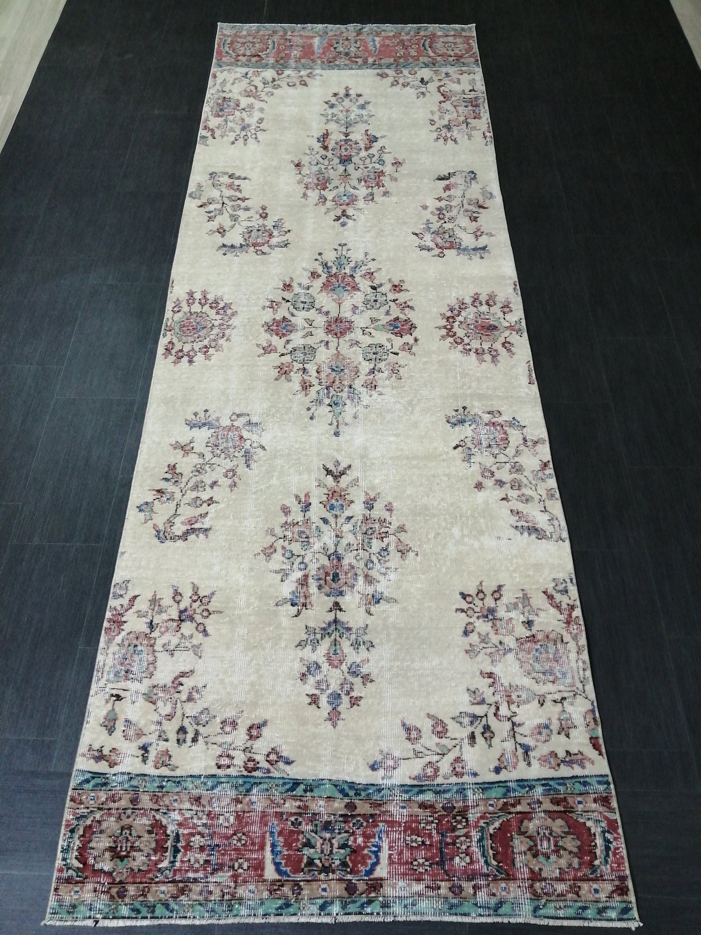 Distressed OUSHAK RUG 11.6 x 3.8 Muted Vintage Runner Rug Vintage Runner Rug Wool Oushak Rug Vintage Turkish Runner Rug