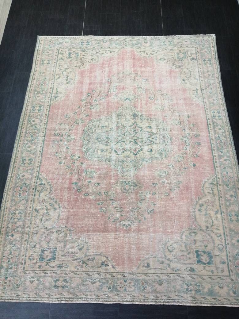 Large Vintage RUG Vintage TURKISH Rug 6.7 x 9 Vintage Distressed Rug Vintage Oushak Rug Hand Made Rugs Antique Turkish Rug Oriental Rug