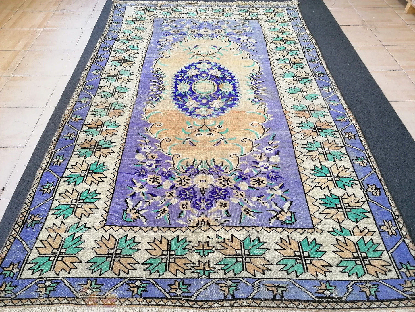Oushak wool hand made rug, large purple vintage rug 5'7x8'7 turkish rug, green living room rug, vintage bohemian rug