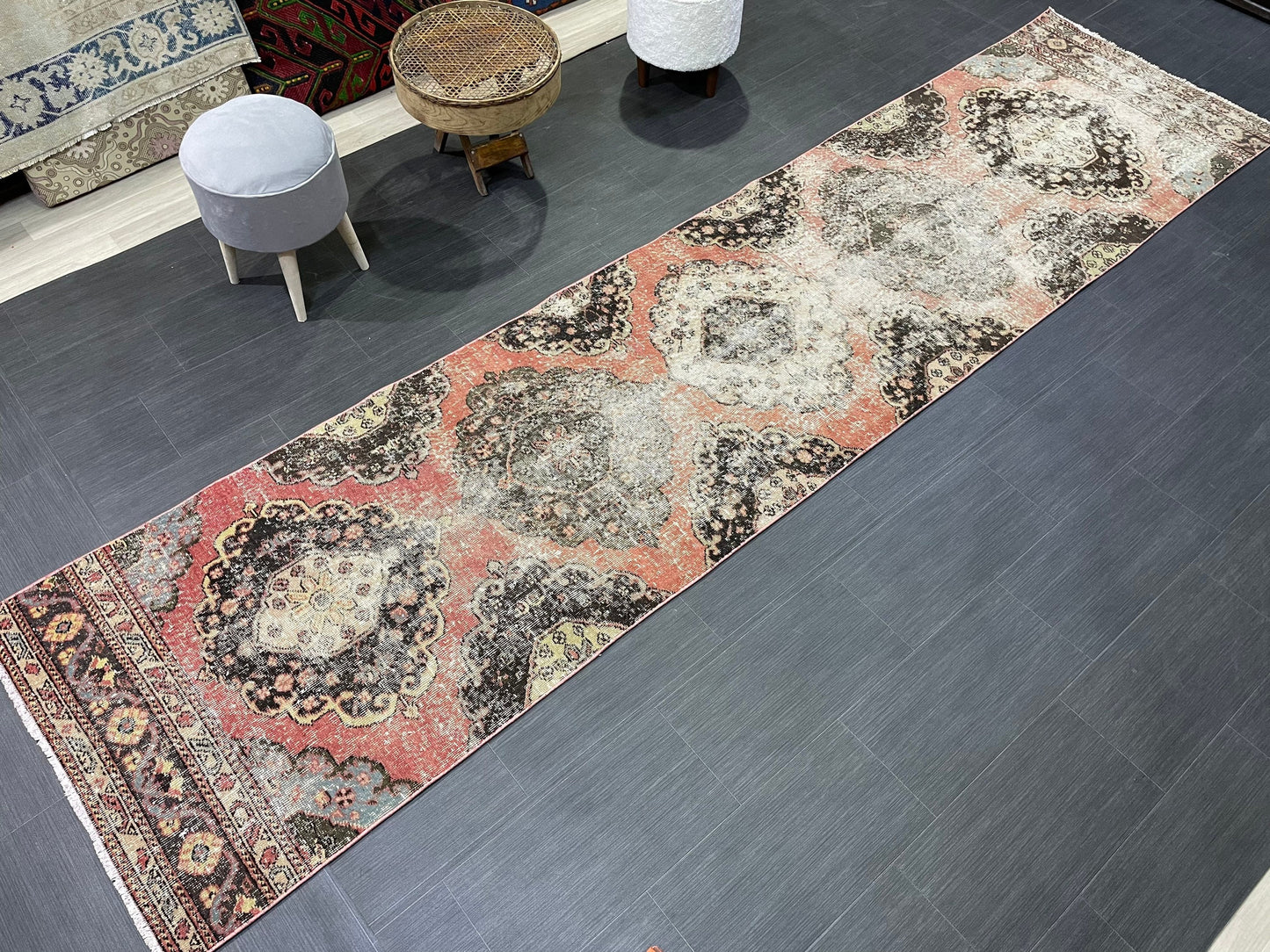 Turkish Distressed Runner Rug, Persian Runner 3 x 12 Rug, Vintage Runner Rug, Hallway Runner Rug, Kitchen Runner Rug, Wool Runner Rug