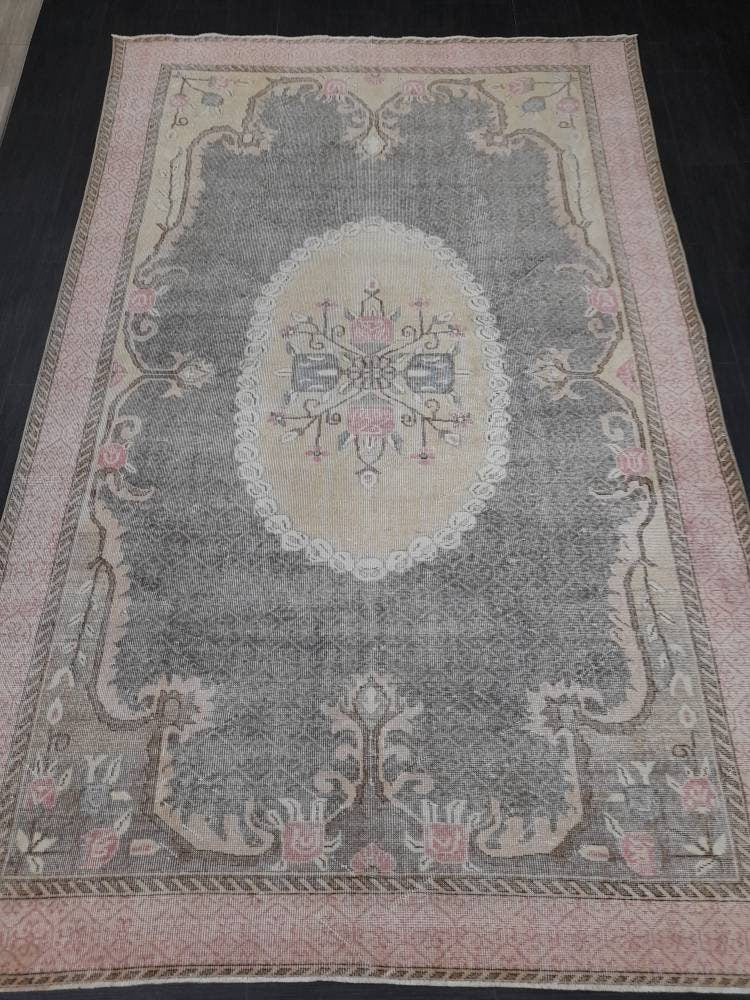 Floral Vintage OUSHAK RUG Antique TURKISH Rug Vintage Distressed Oriental Rug 6.6 x 10.4 Wool Rug Hand Made Vintage Rug 7x10 Turkish Rug