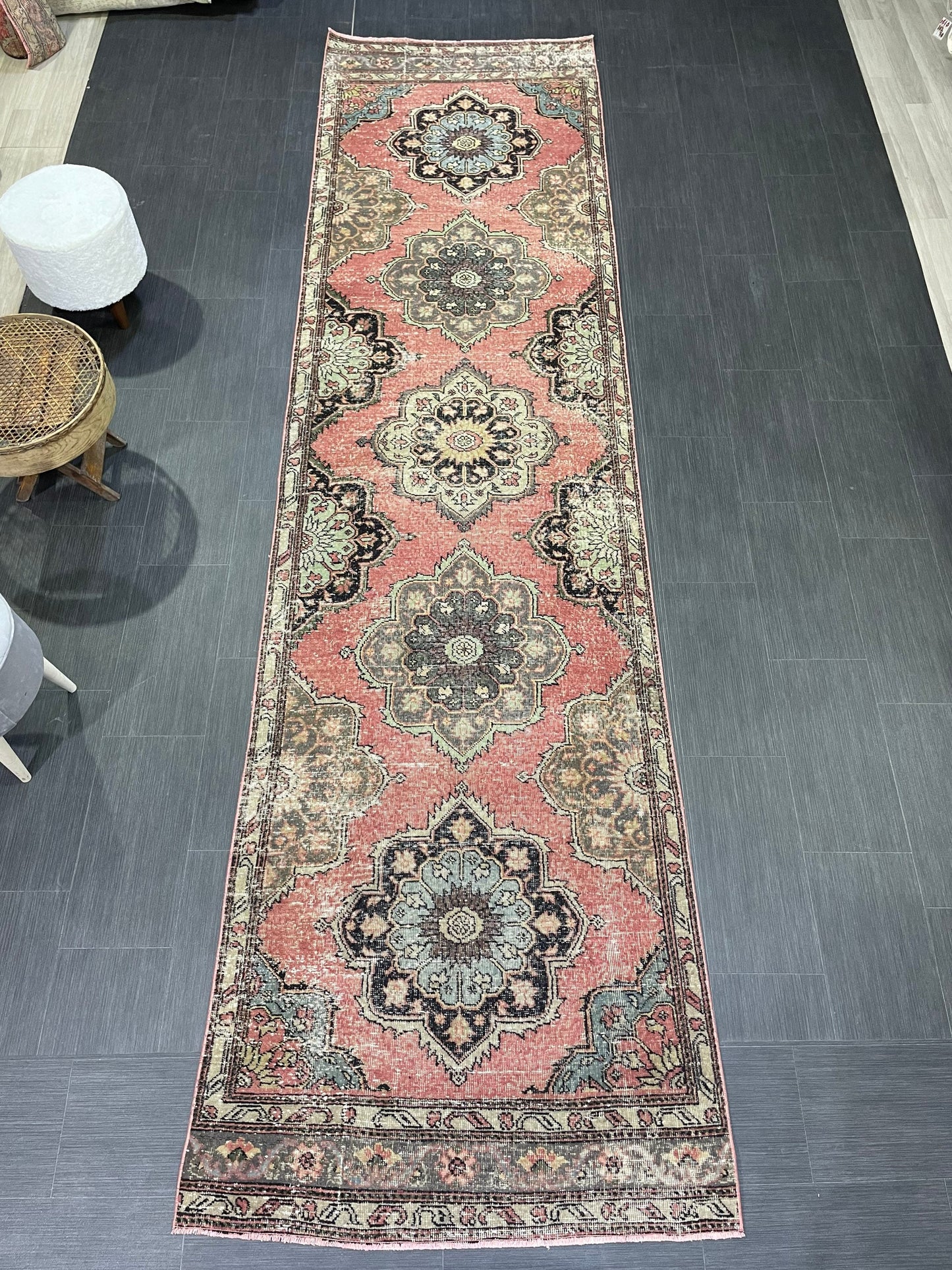Hand Knotted Runner Rug, Vintage 3.4 x 12.7 Runner Rug, Oushak Runner Rug, Turkish Runner Rug Kitchen Runner Rug Wool Runner