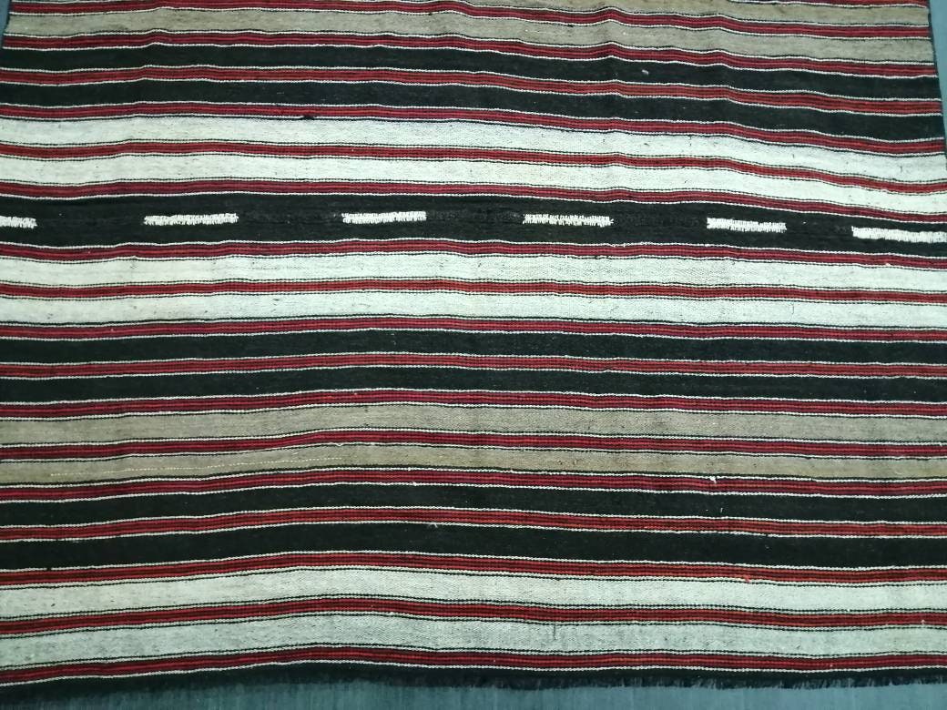 6.7 x 12 Vintage Oriental Flat woven Rug, Turkish Flatweave Carpet ,Stripe Oushak Flatweaving,Handmade Rug,Farmhouse Rug, Black rug Dark rug