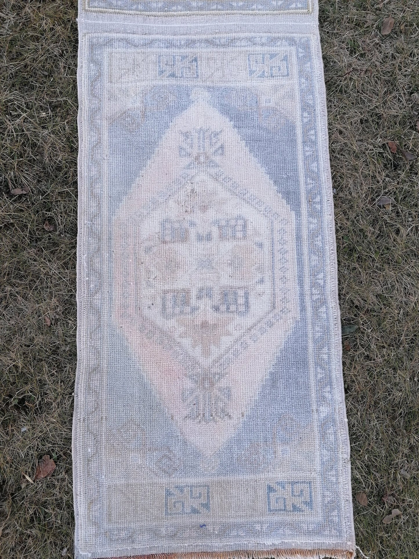 1'9x10'5 muted blue runner rug, faded vintage turkish runner, hallway runner rug, kicthen runner rug, oushak runner rug