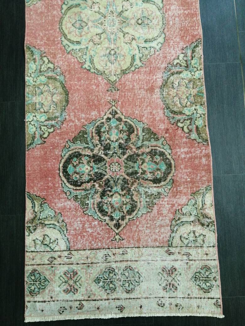 Muted Vintage Runner Rug 2.6 x 12.7 Hallway Runner Rug Kitchen Runner Rug Wool Runner Rug Oushak Runner Rug Turkish Floral Runner Rug