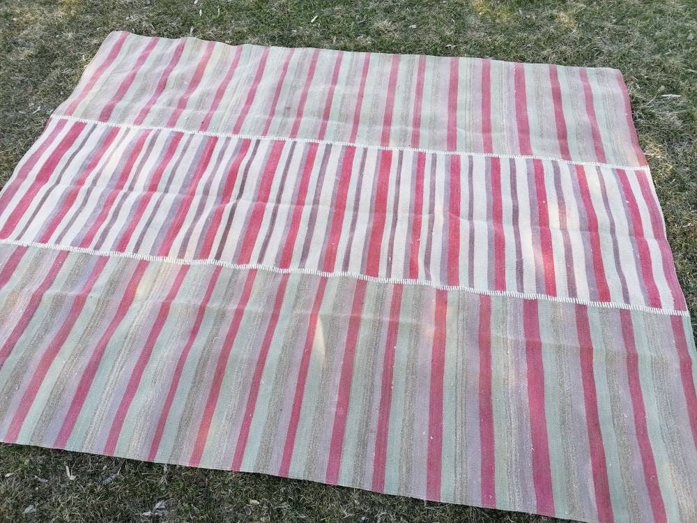 6'9x8'5 flatwoven kilim rug, stripe turkish hand made rugs vintage turkish rugs oushak rug vintage oushak rug, wool rug