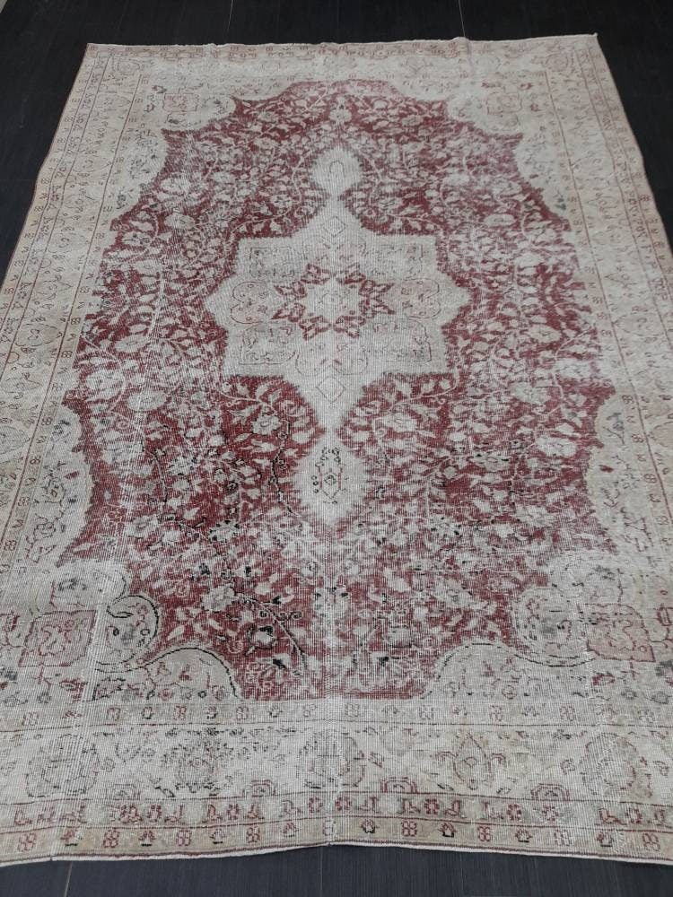 Vintage Turkish Rug 6.6 x 9 Oushak Rug Persian Rug Oriental Red Rug Muted Vintage Floral Rug Elegant Wool Rug Distressed HAND Knotted Rug