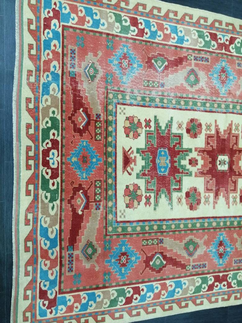 Vintage Rug 6.7 x 9 TURKISH HAND MADE Rug Vintage Turkish Rugs Oushak Rug Turkish Oushak Rug, Vintage Oushak Rug, Wool Rug
