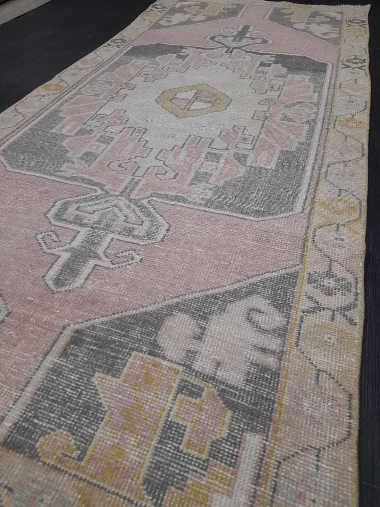 Hand Made Rug, Oushak Rug, Rustic Rug 4.2 x 9.2 Vintage Rug Pink Turkish Rug, Farmhouse Rug, Vintage Oriental Rug, Wool Hand Knotted rug