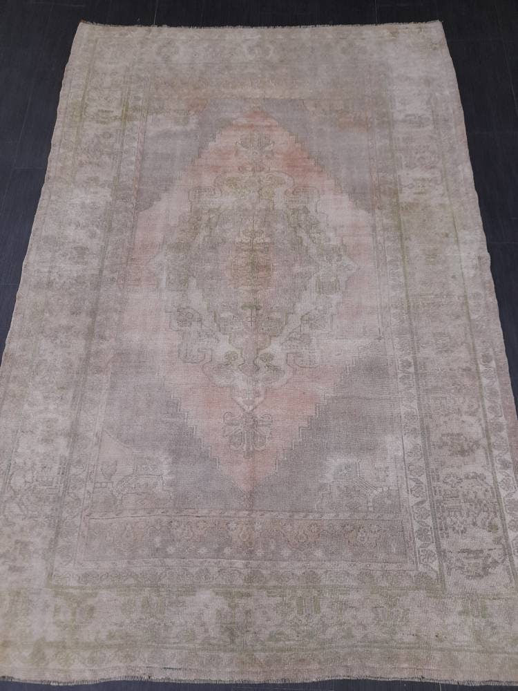 MUTED Handmade Rug 5.2 x 7.8 Vintage Turkish Rug, Soft wool Rug NATURAL Wool Rug, Living Room Rug, Oushak Rug, Hand Knotted Rug Kitchen Rug