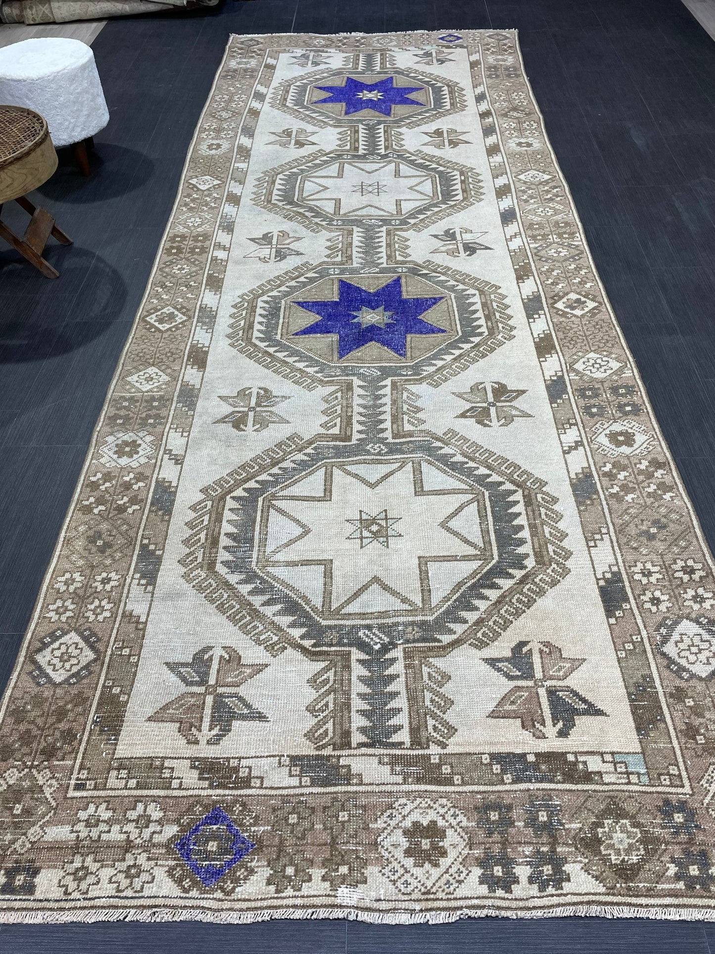 Muted Hand Knotted Runner 4.4 x 12 Rug, Vintage Runner Rug, Hallway Runner Rug, Antique Runner Rug Wool Runner Rug Handmade Runner Rug