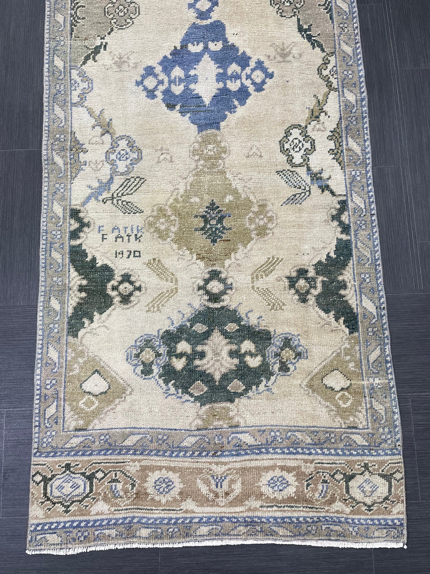 Blue Green Turkish Oushak Runner Rug 3x13 ft Turkish Runner Rug XL Vintage Runner Rug Long Hallway Runner Rug Kitchen Runner Wool Pile