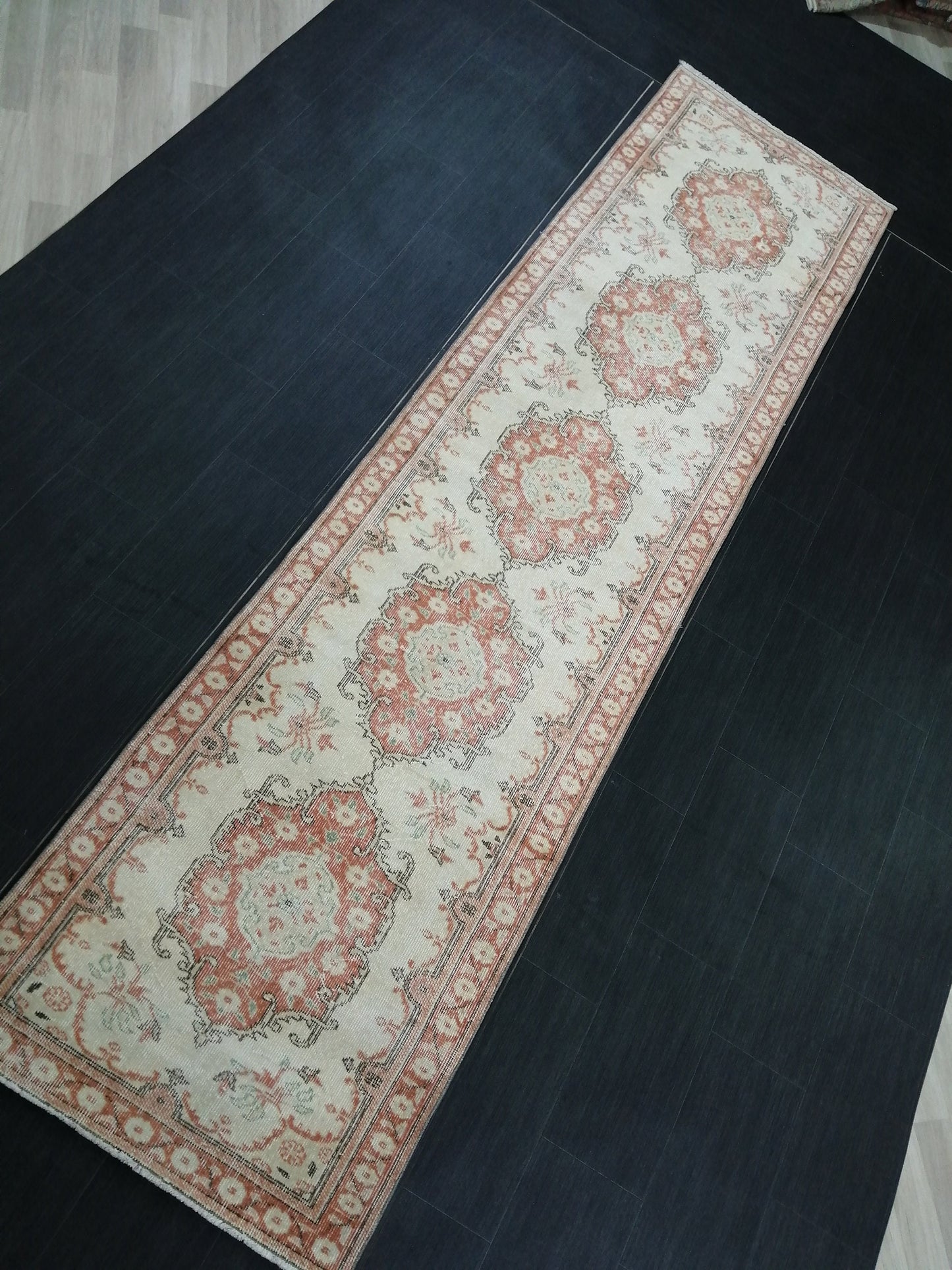 Distressed Oushak Runner 11.9 x 3 Muted Vintage Runner Rug Hallway Runner Rug Kitchen Runner Rug Wool Runner Rug Wool Oushak Rug