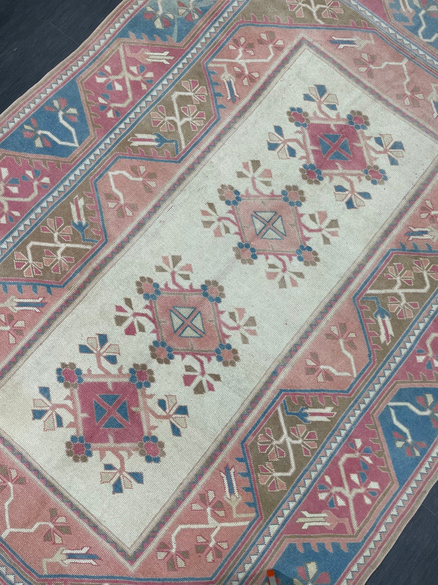 Hand Knotted Oushak Rug 6.8 x 10.3 Vintage Rug Handmade Turkish Rug Persian Rug Vintage Rug, Wool Blue and Pink Rug Large Rug