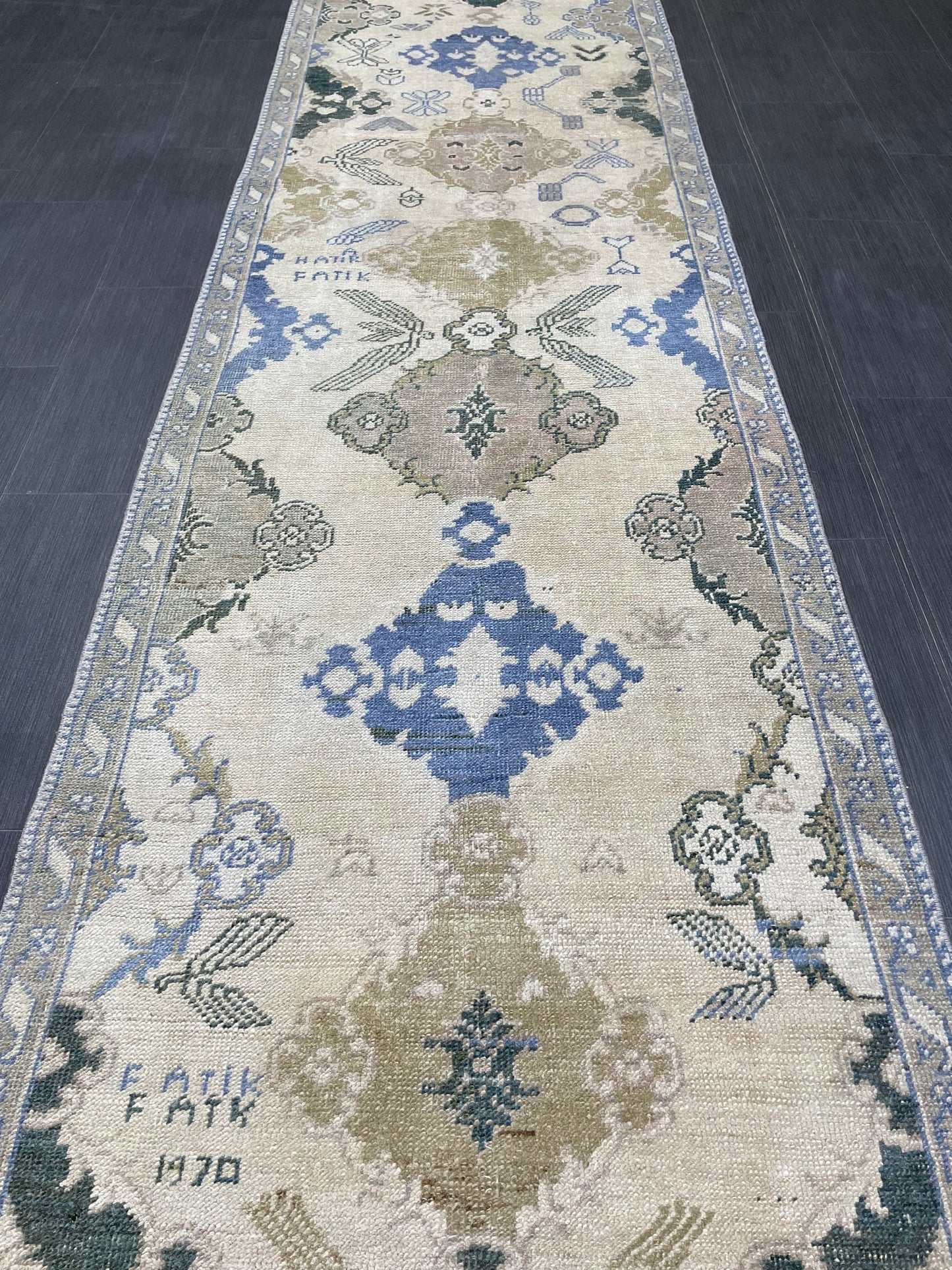 Blue Green Turkish Oushak Runner Rug 3x13 ft Turkish Runner Rug XL Vintage Runner Rug Long Hallway Runner Rug Kitchen Runner Wool Pile