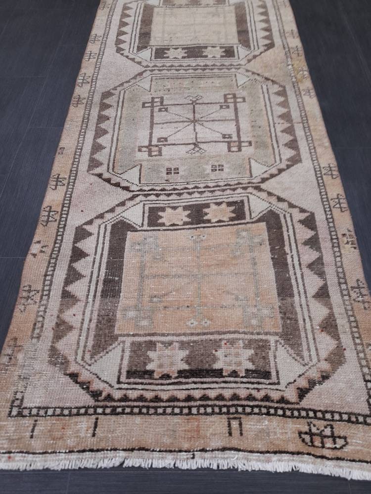 MUTED Oriental Runner Hand Knotted Runner Antique TURKISH Runner 2.7 x 10.7 Vintage Runner Rug Muted Vintage Runner Rug Kitchen Runner