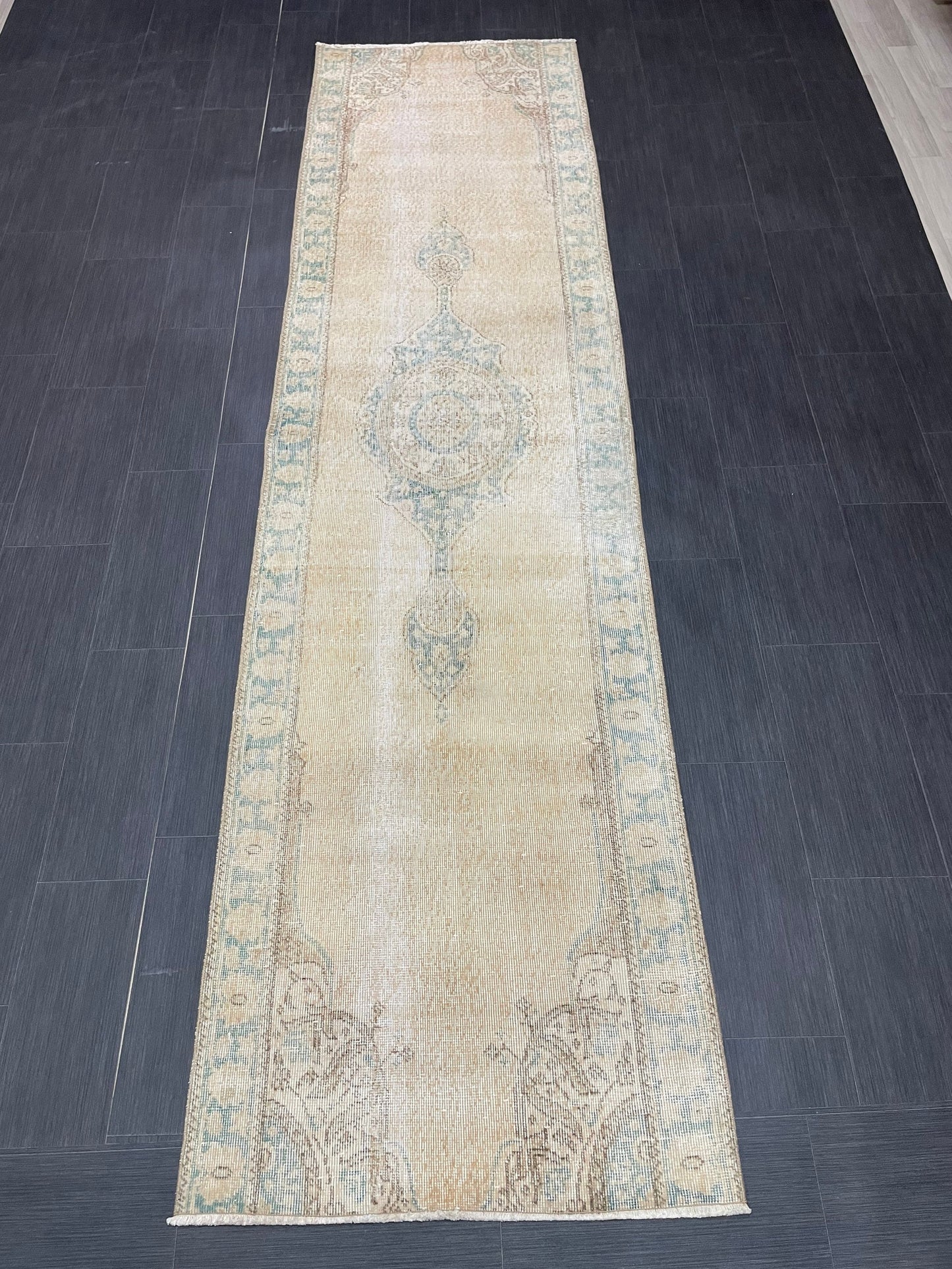 Muted Oushak Runner 2.9 x 11 Rug Distressed Turkish Runner Rug Vintage Runner Rug Hallway Runner Rug Kitchen Runner Rug Wool Runner