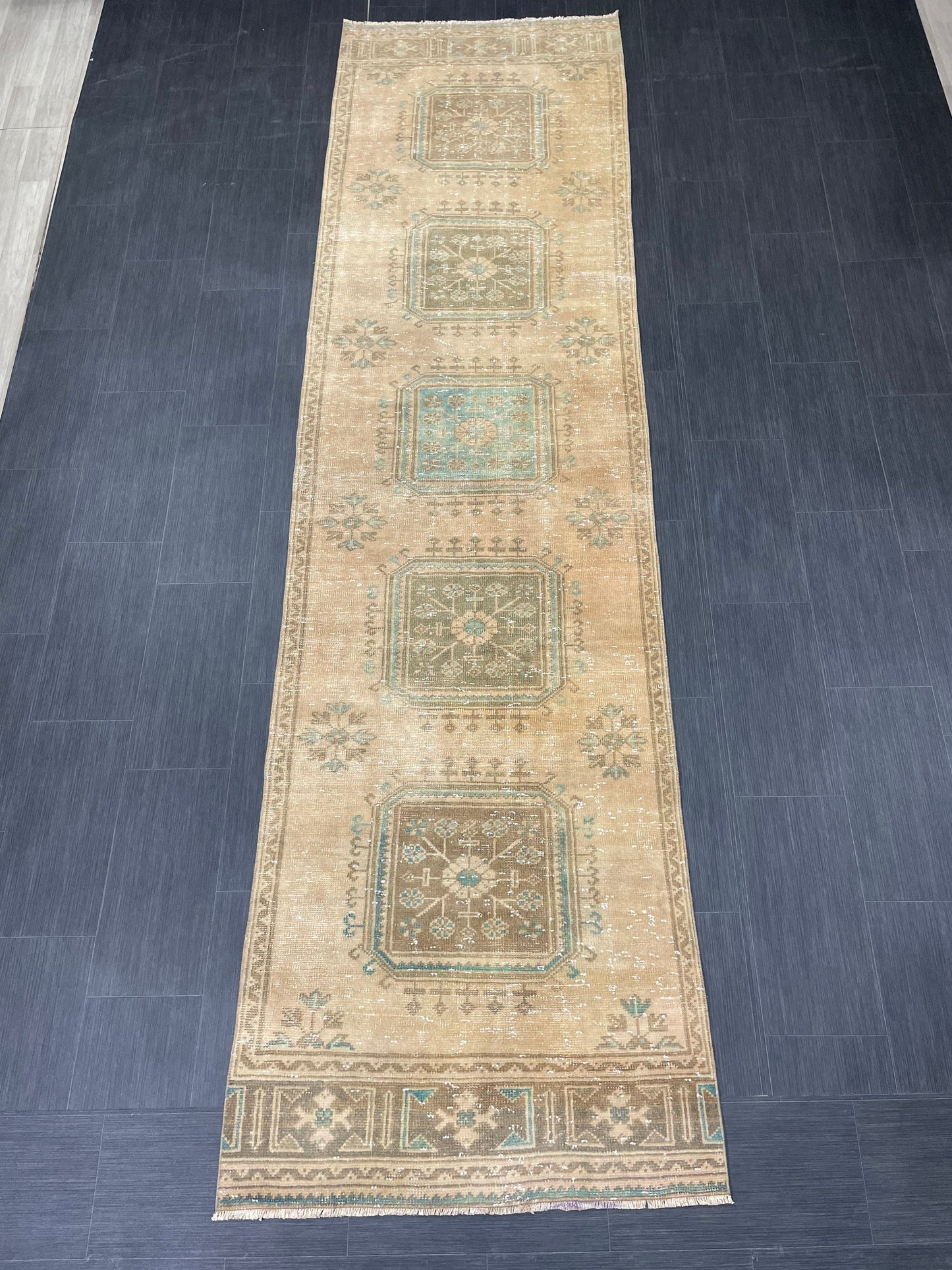 Muted Vintage Runner Rug 3.2 x 11.8 Hand Knotted Runner Rug Turkish Runner Rug Vintage Runner Rug Hallway Runner Rug Wool Kitchen Runner