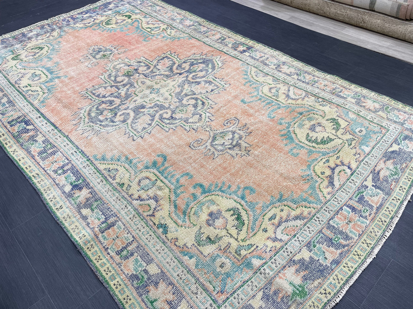 Large Vintage 6x10 RUG TURKISH Oushak Rug Muted Vintage Rug Distressed Vintage Rug Wool Oushak Rug Hand Made Rugs Vintage Turkish Rug