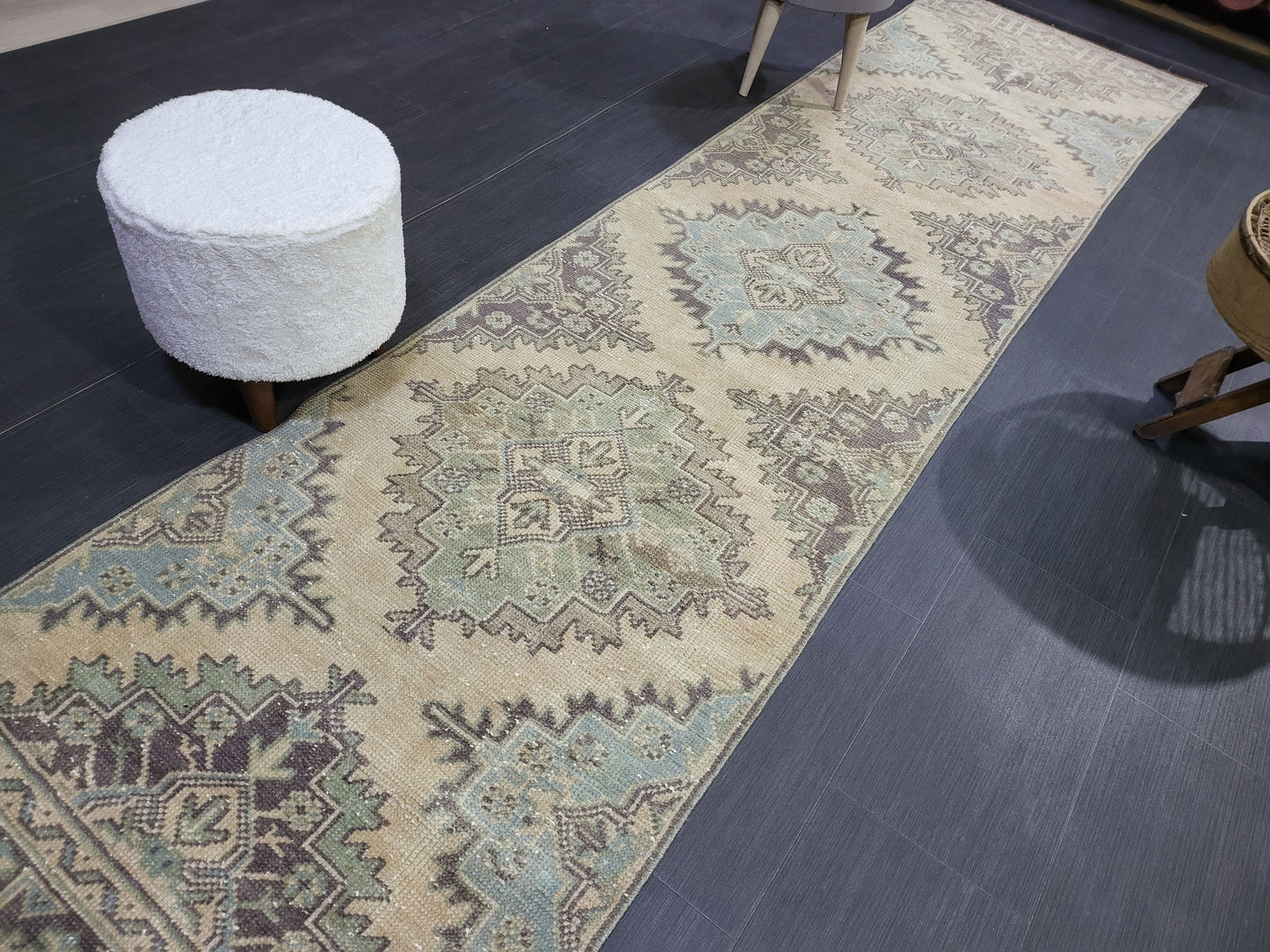 Antique Oushak Runner Rug,Turkish Runner Rug, Vintage Runner 2.8 x 11.2 Rug, Hallway Runner Rug, Grey Blue Oriental Runner Rug