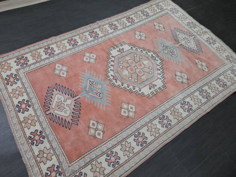 Muted Vintage Turkish Rug 5.2 x 8 Oushak Rug, Wool Oriental Rug Pink Muted Vintage Persian Rug, Hand Made Rug Pink Vintage Wool Rug 5x8