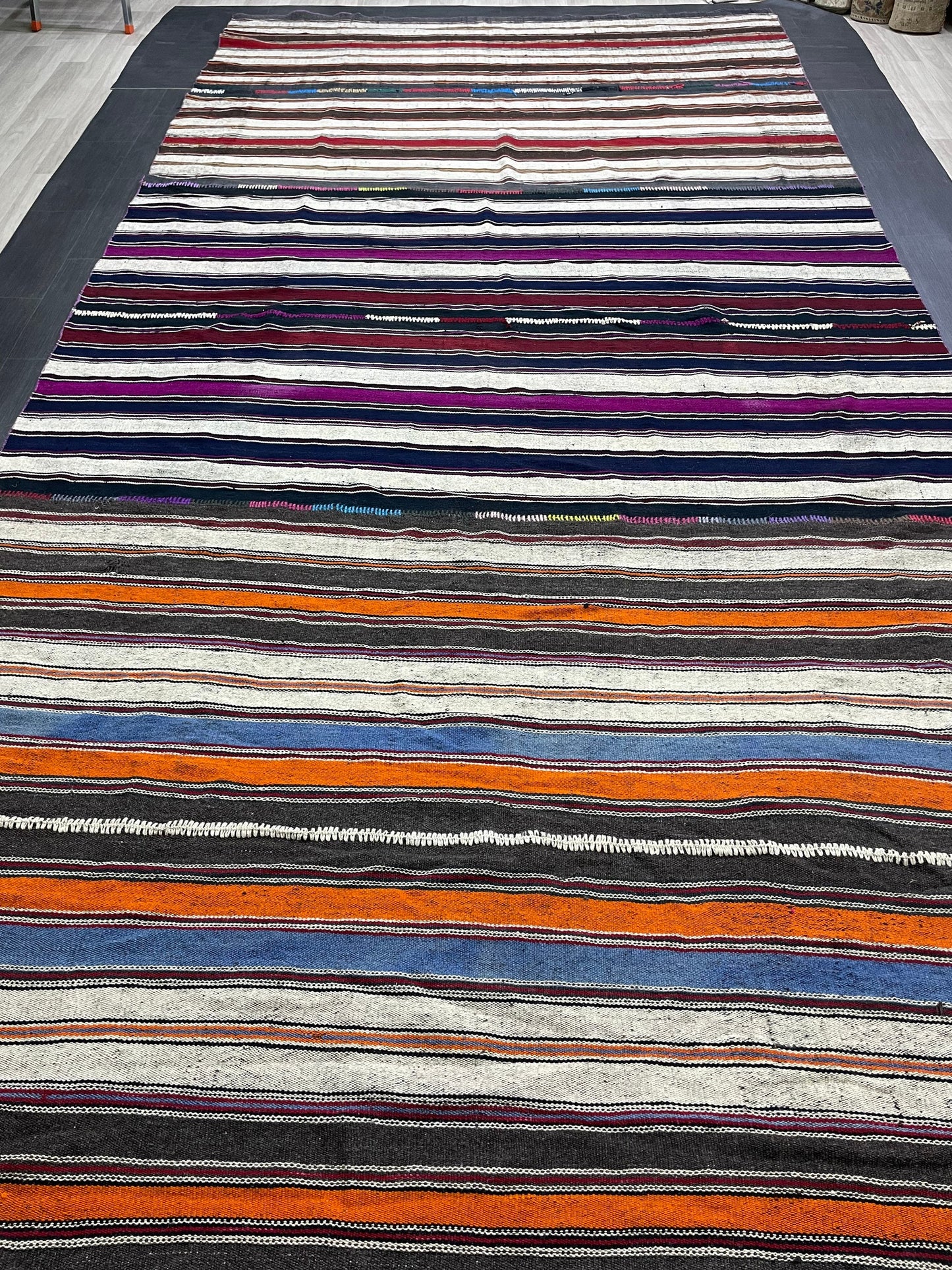 7.5 x 15.4 Vintage Flat woven Rug, Turkish Rug Handmade Flatweave Carpet , Stripped Flatweaving, Rustic Rug, Farmhouse Rug, Oushak Rug