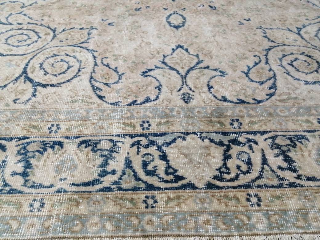 Muted Persian RUG 6.7 x 10 Turkish Oushak Rug Vintage Antique Rug Vintage Blue Light Pink Rug Wool Muted Oriental Rug Hand Made Rug