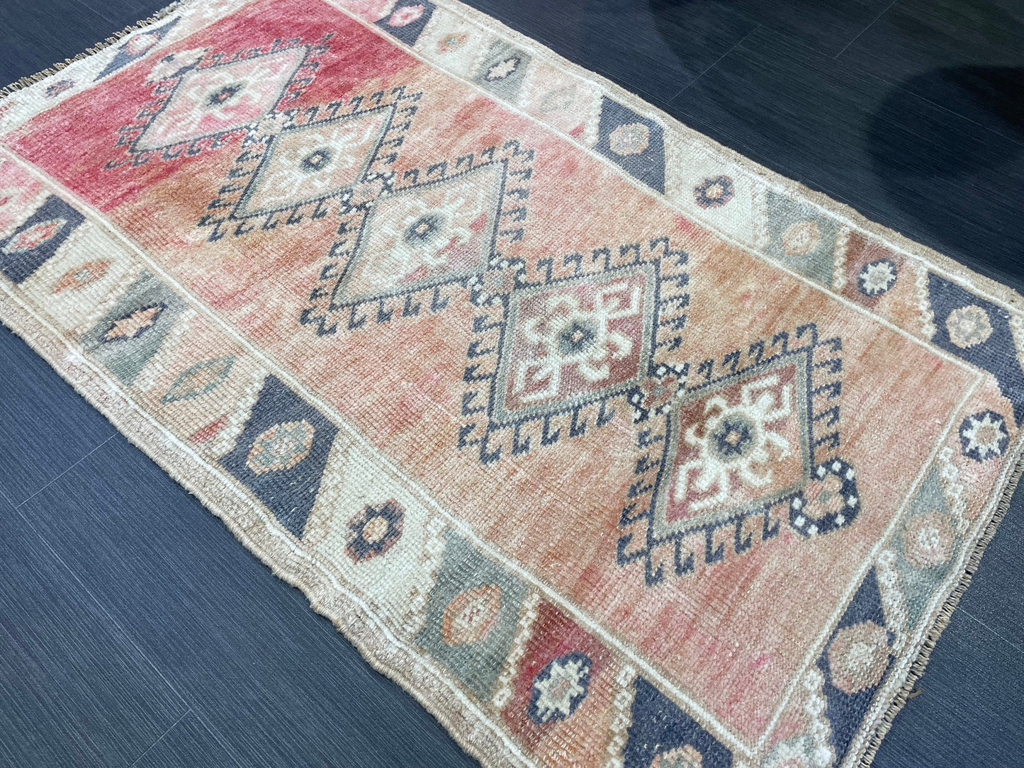 Blue Vintage Rug 2.6 x 4.2 Rug Oushak Rug, Wool Oriental Rug Hand Made Rug Persian Rug, Vintage Turkish Rug Hand Knotted Wool Rug