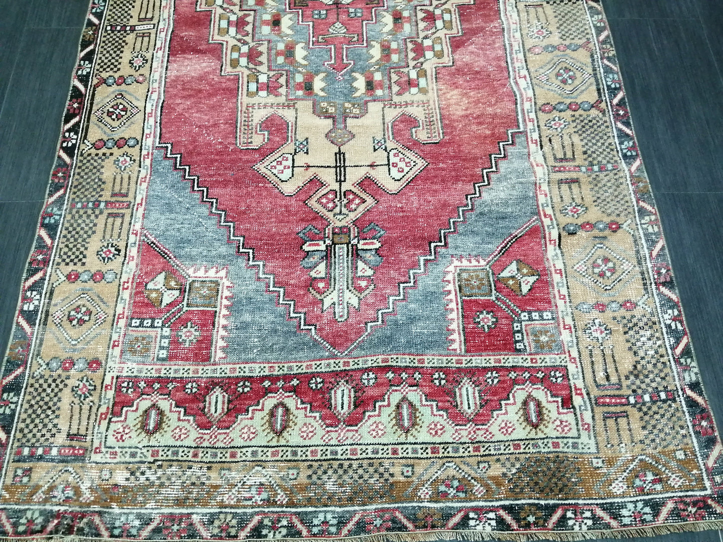 Muted OUSHAK RUG 4.2 x 8.3 Muted Vintage Rug Vintage Rug Ice Blue Wool Oushak Rug Hand Made Rugs Vintage Turkish Rug