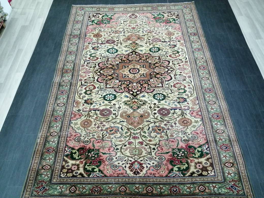 Quality Vintage Rug 6.5 x 9.6 HAND MADE Rug Muted Vintage Turkish Rug Oushak Rug Turkish Oushak Rug, Oushak Rug, Wool Rug Fine Hand Knotted