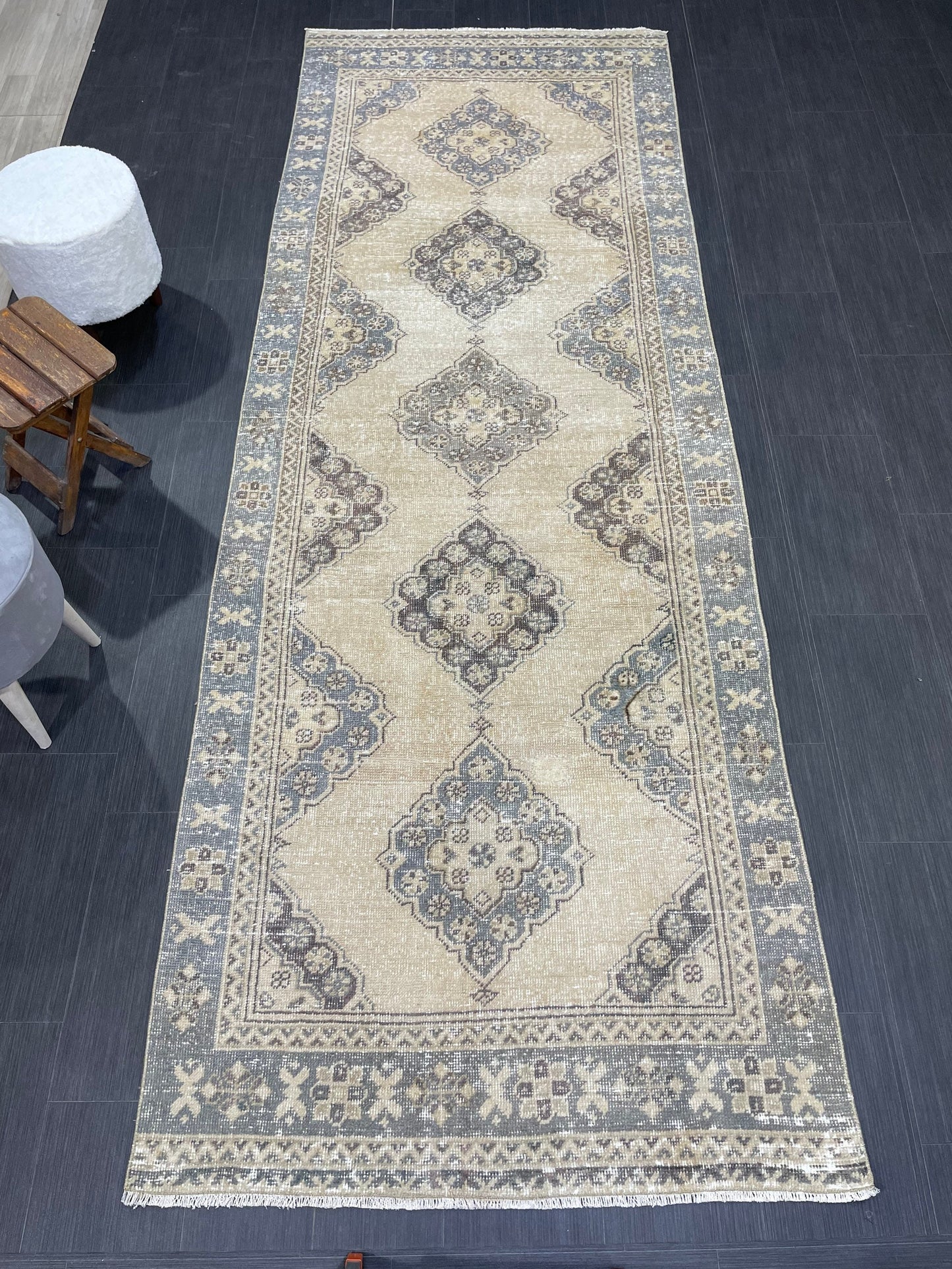 Hand Knotted Runner Rug Turkish Runner 3.8 x 10.8 Rug Vintage Gray Blue Runner Rug Hallway Runner Kitchen Runner Country modern Runner Rug