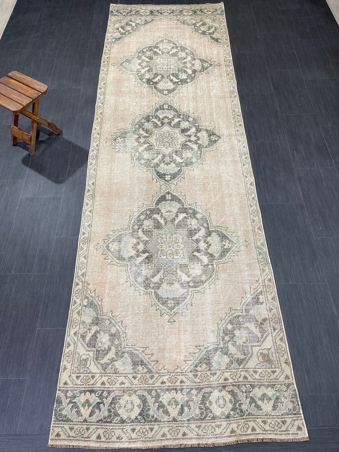 3.4 x 11.2 Faded Oushak Runner Rug Turkish Runner Rug Distressed Vintage Runner Rug Hallway Runner Kitchen Runner Wool Pastel Pink And Green