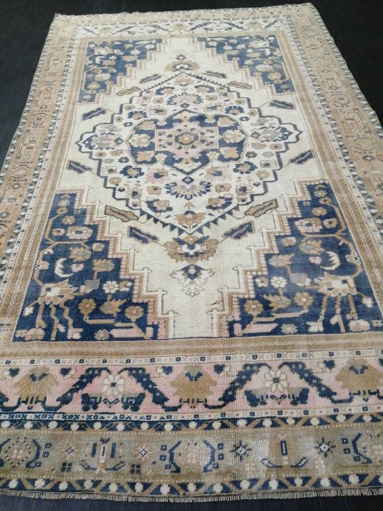 Vintage Oriental RUG 5.5 x 9 Oushak Rug Turkish Vintage Persian Rug Navy Vintage Rug Fine Wool Oushak Rugs Turkish Rug Muted Living room Rug