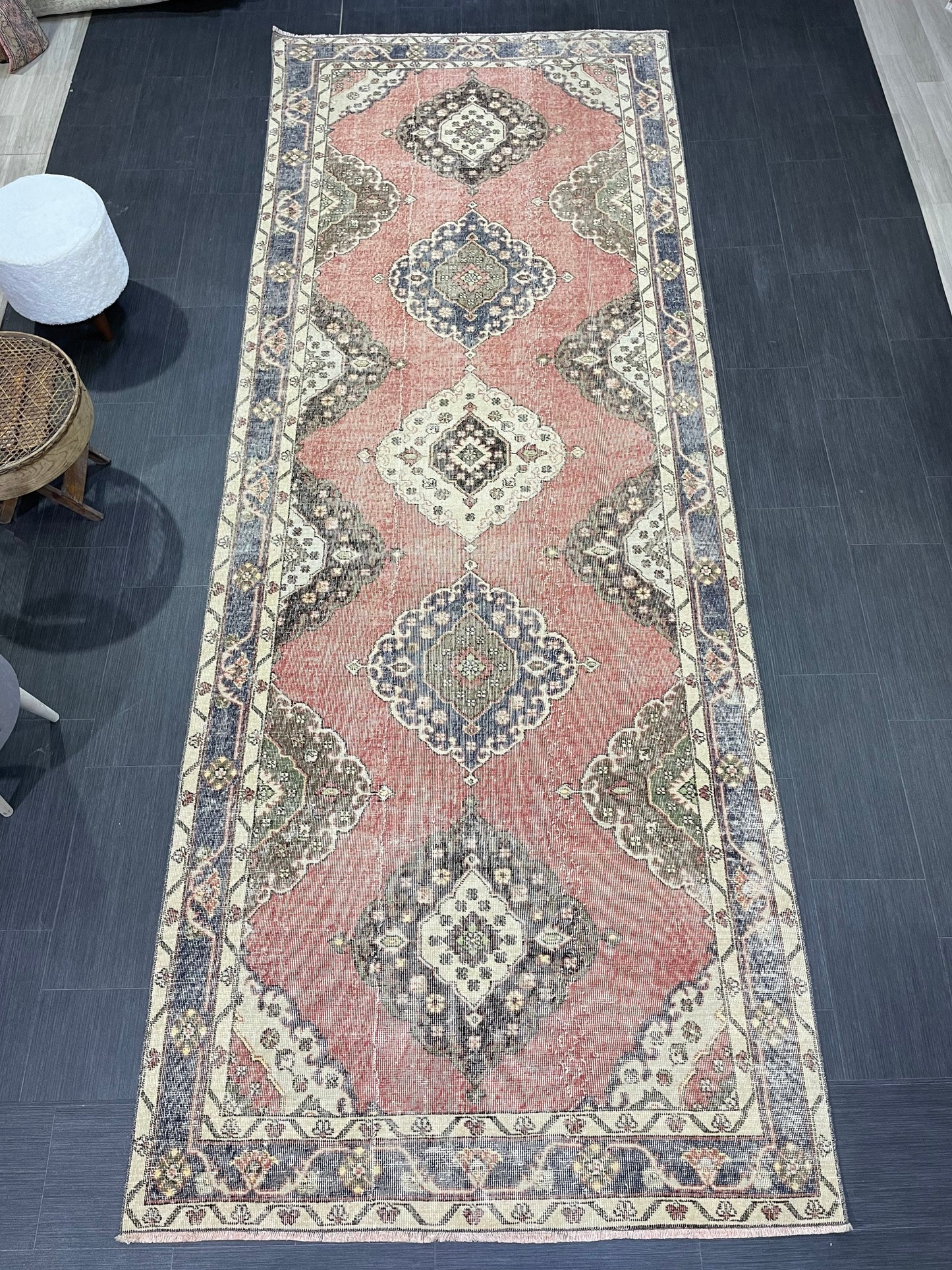 Wool Hand Knotted Runner Rug, Turkish 4.6 x 12.4 Runner Rug, Vintage Runner Rug, Hallway Runner Rug Kitchen Runner Rug, Oushak Runner Rug