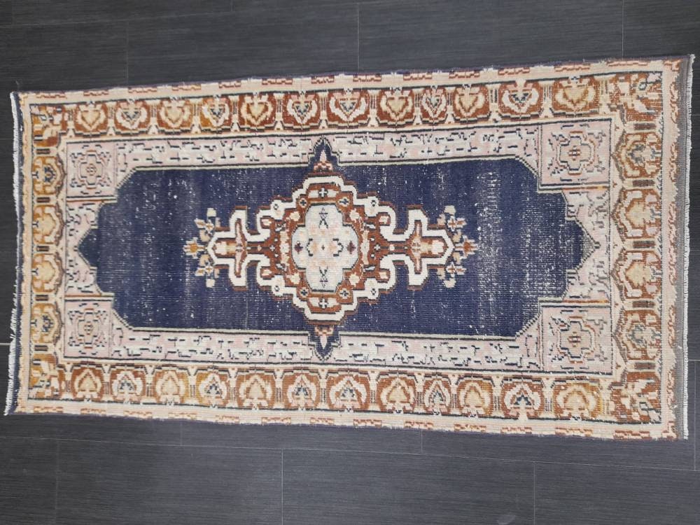 Blue Vintage Rug 2.3 x 4.4 Rug Oushak Rug, Wool Oriental Rug Hand Made Rug Persian Rug, Vintage Turkish Rug Hand Knotted Wool Rug