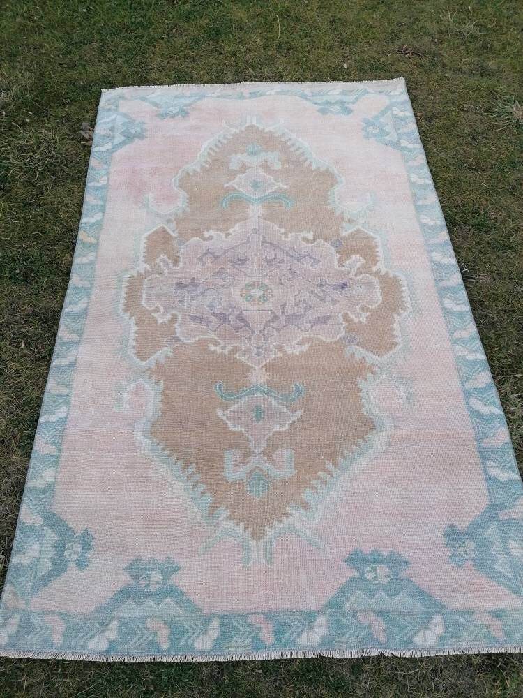 4'6x7'4 pink wool rug, vintage oushak rug, turkish hand made living room rug