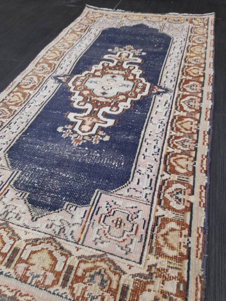 Blue Vintage Rug 2.3 x 4.4 Rug Oushak Rug, Wool Oriental Rug Hand Made Rug Persian Rug, Vintage Turkish Rug Hand Knotted Wool Rug
