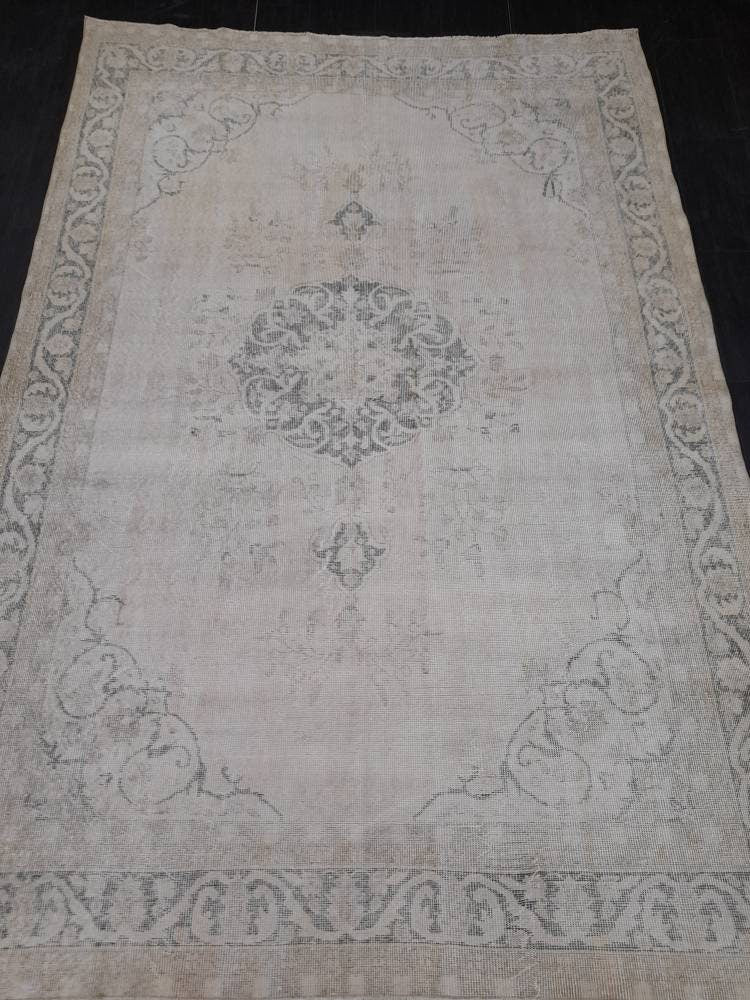 Muted Turkish Muted 6.8 x 10 Oushak Rug Large Area Rug Distressed Vintage Rug Oushak Rug 7 by 10 Muted Rug Hand Knotted Rug