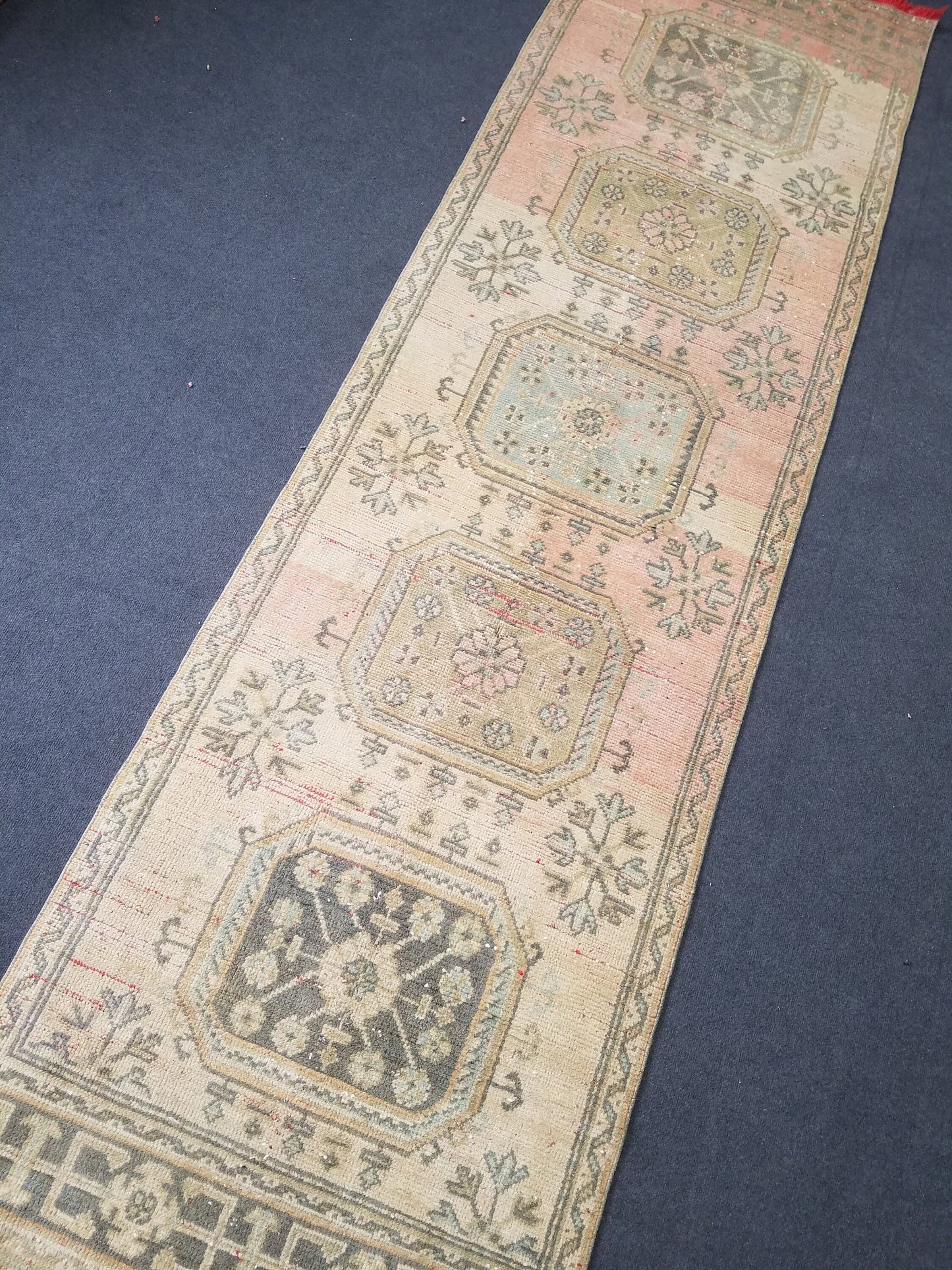 11'x3'2 oushak turkish runner rug, vintage runner rug, vintage oushak runner, vintage anatolian runnerrug,unique hand made rug,kitchen rug