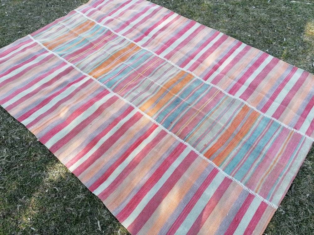 Flatwoven kilim rug 6'4x8'8 stripe hand made rugs, vintage turkish rugs oushak rug vintage oushak rug, wool rug