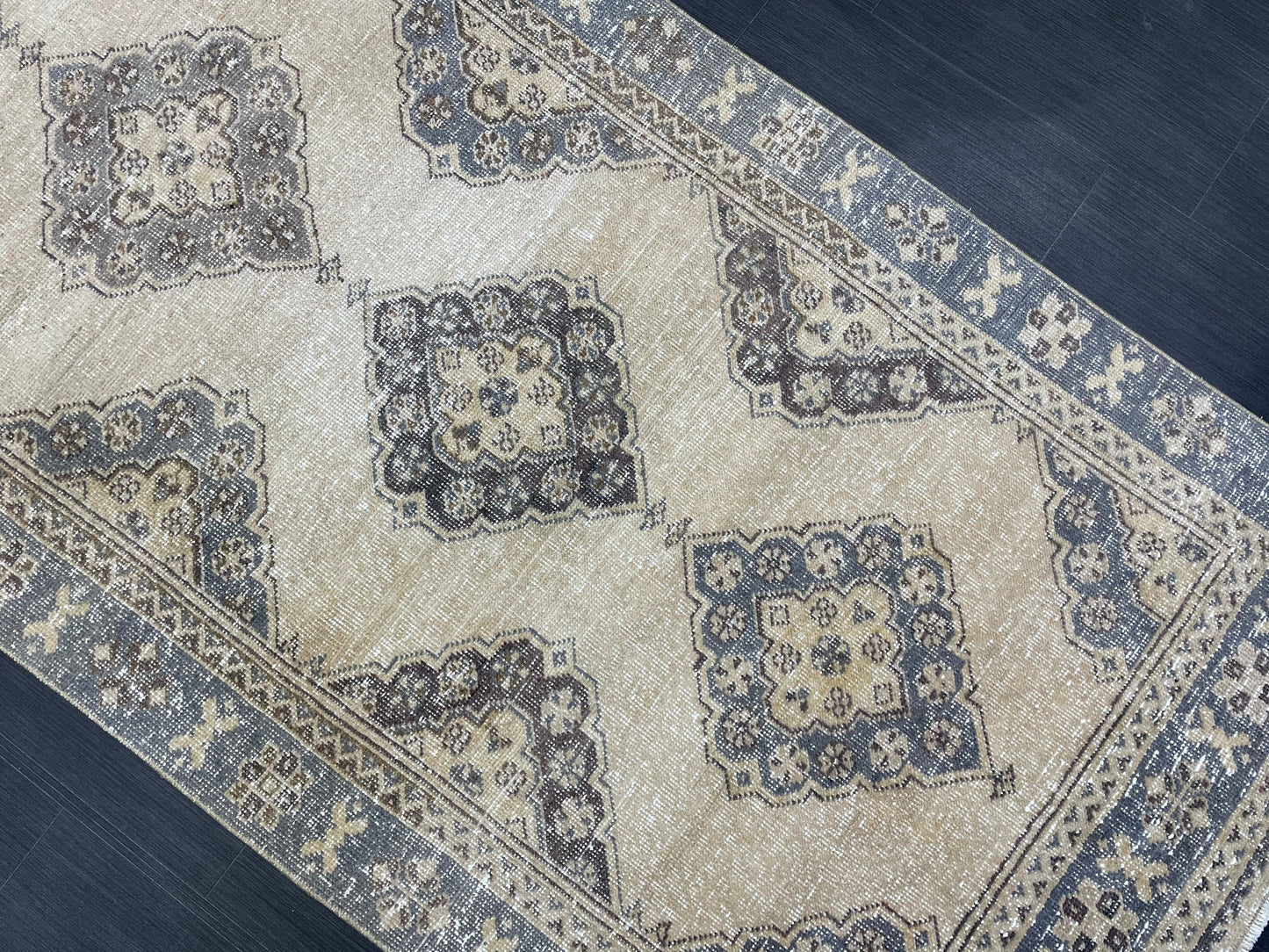 Hand Knotted Runner Rug Turkish Runner 3.8 x 10.8 Rug Vintage Gray Blue Runner Rug Hallway Runner Kitchen Runner Country modern Runner Rug