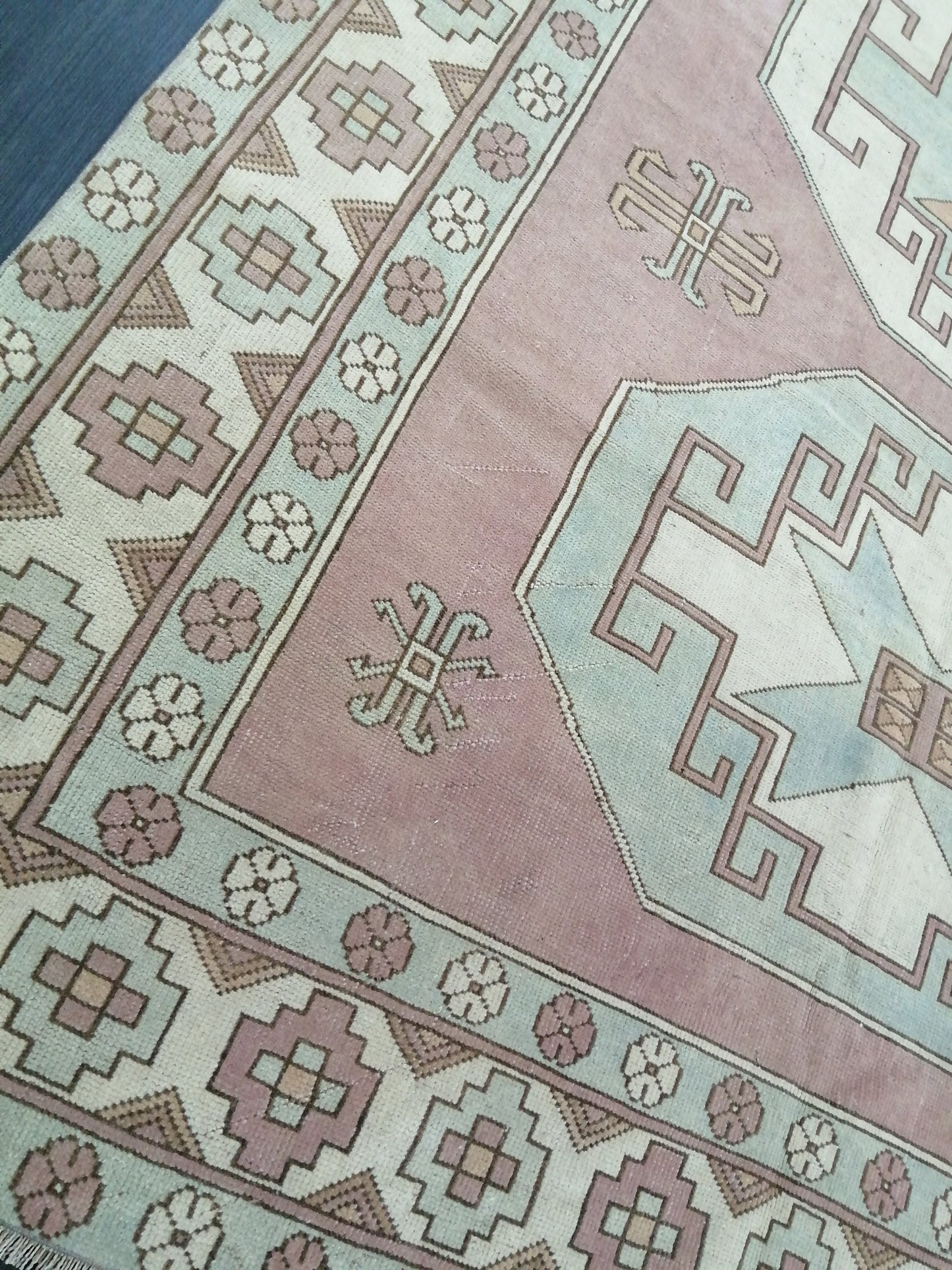 Muted OUSHAK RUG 9.7 x 6.4 Muted Vintage Rug Vintage Rug Dusty Rose And Ice Blue Wool Oushak Rug Hand Made Rugs Vintage Turkish Rug