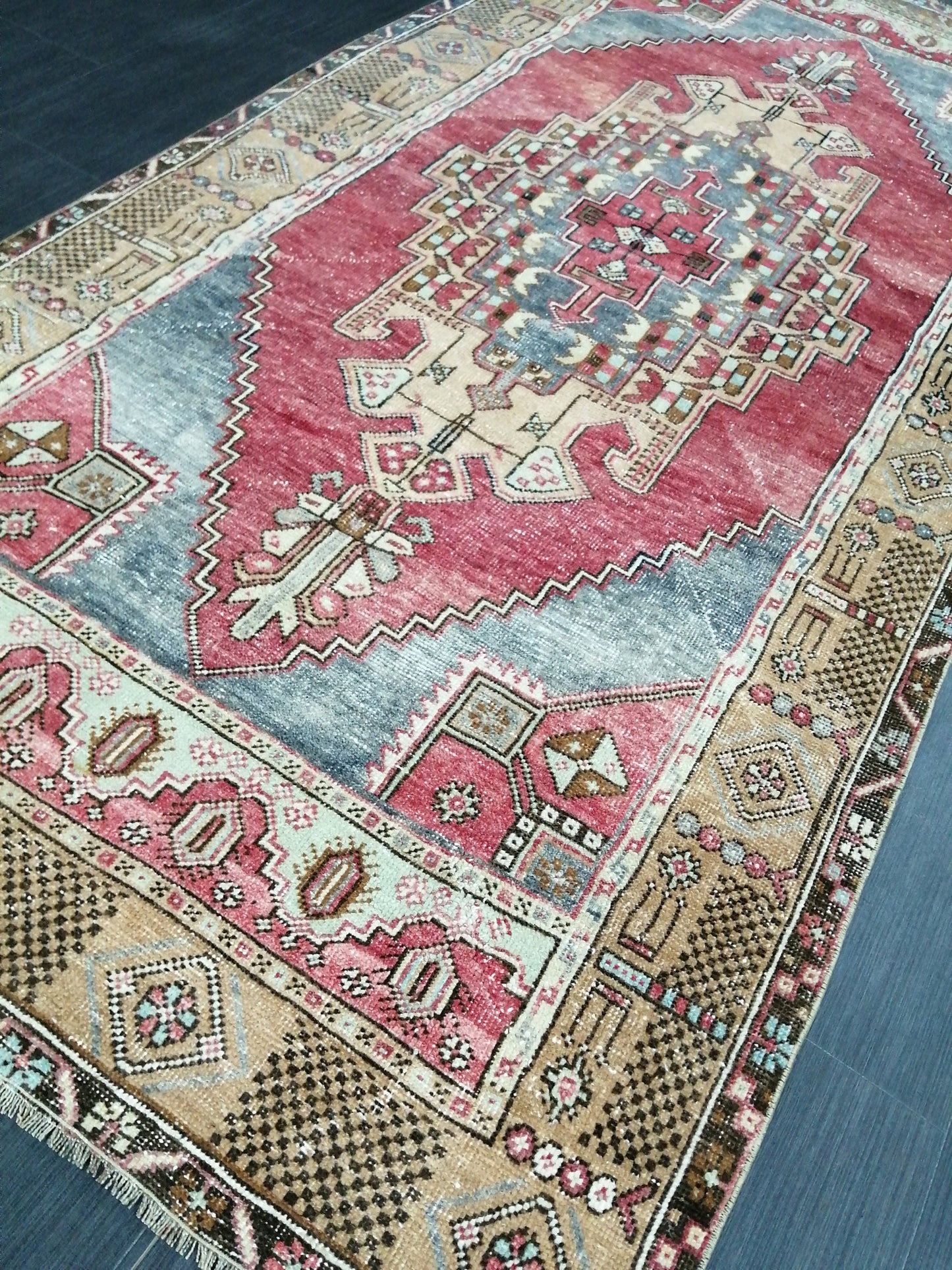 Muted OUSHAK RUG 4.2 x 8.3 Muted Vintage Rug Vintage Rug Ice Blue Wool Oushak Rug Hand Made Rugs Vintage Turkish Rug