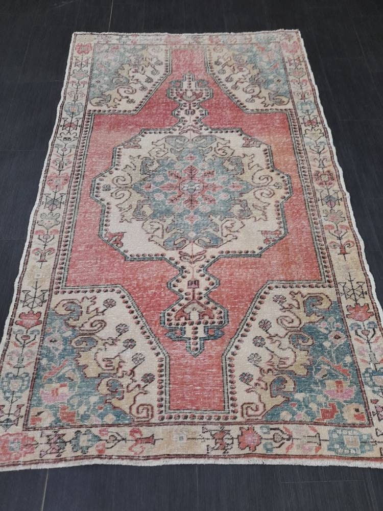 Hand Knotted Rug 4.4 x 7.3 Vintage Rug Red Turkish Rug, Farmhouse Rug, Handmade Vintage Oriental Rug, Wool Hand Knotted rug