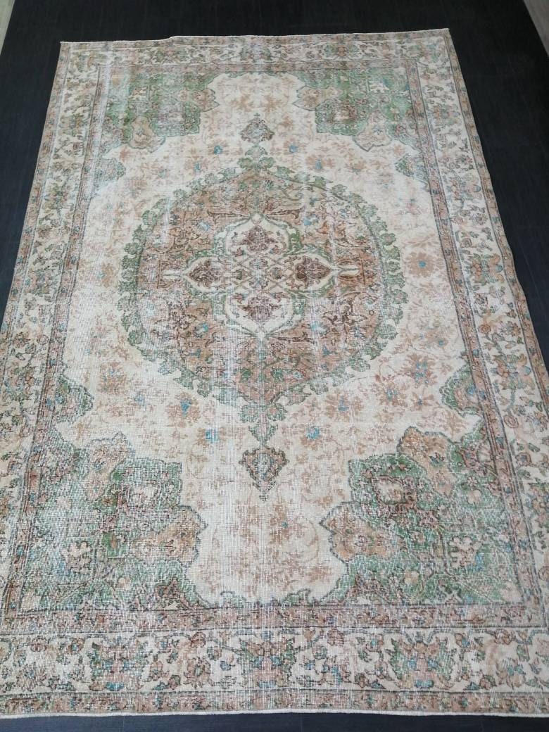 OUSHAK RUG Persian Rug 6.8 x 10.4 TURKISH Rug Vintage Wool Rug Muted Vintage Oriental Rug Wool Oushak Rug Hand Made Rugs Green Vintage Rug