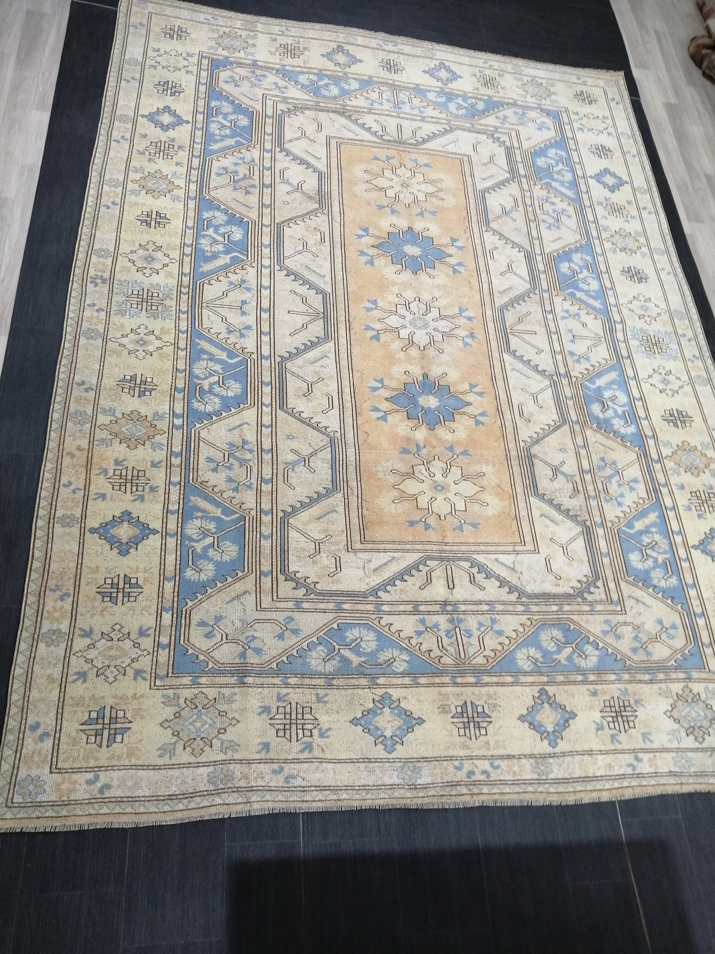 8.7 x 11.8 Muted Wool OUSHAK RUG TURKISH Persian Rug Vintage Oriental Rug Vintage Hand Made Rug Wool Oushak Rug Light Blue Rug 8x12 rug